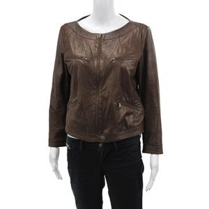 Santacroce Womens Leather Zippered Cropped Basic Jacket Brown Size S